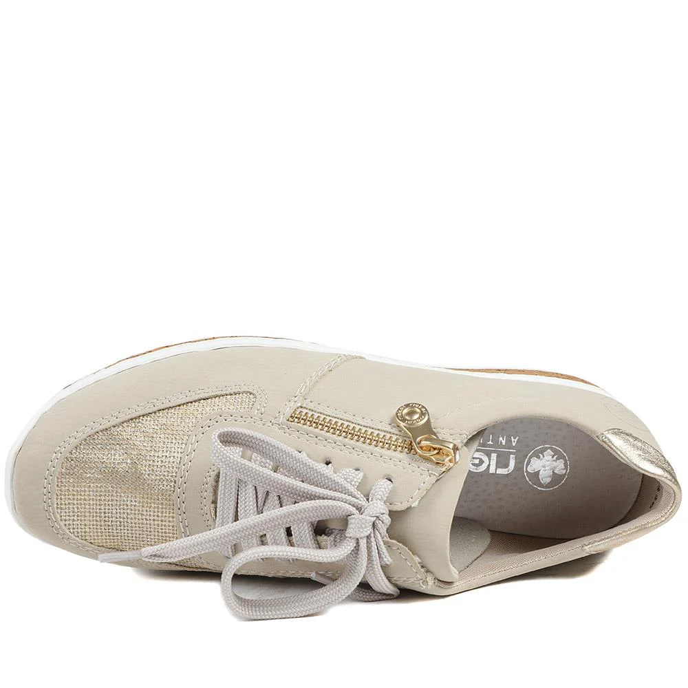 Rieker Casual Leather Zip & Lace Trainers - RKR43005 / 328 904 - Beige - Image 5