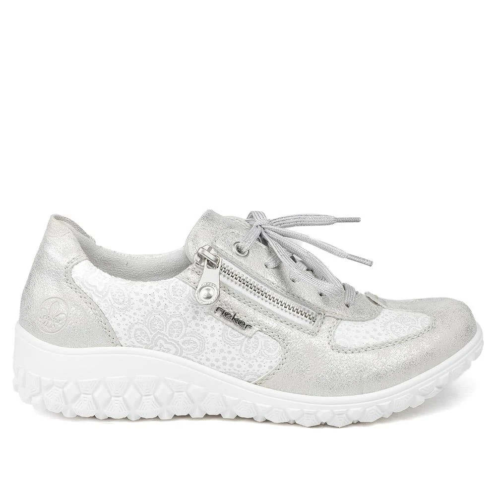 Rieker Extra Wide Lace & Zip Fasten Trainers - RKR43544 / 328 777 - Silver - Image 3