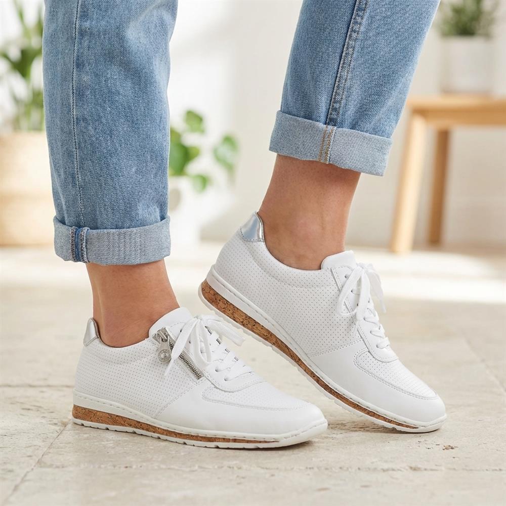 Rieker Leather Zip & Lace Trainers - RKR43006 / 328 905 - White - Image 2