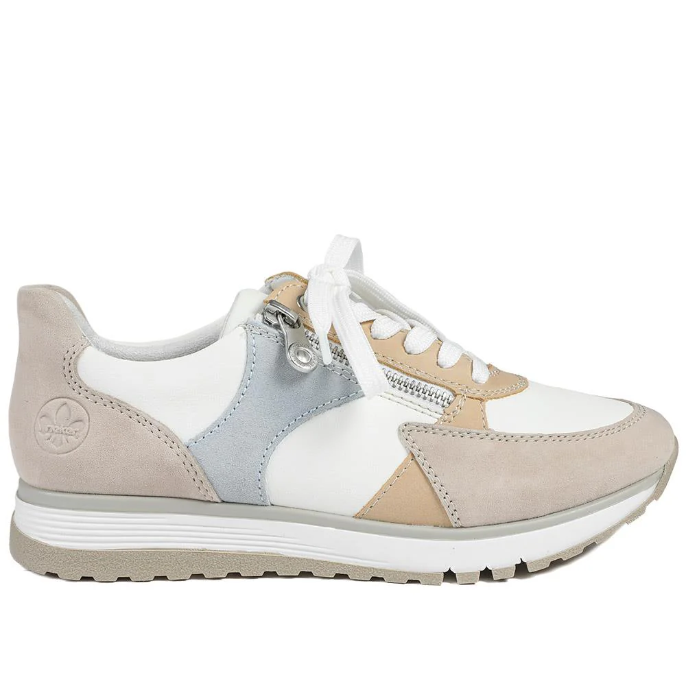 Rieker Wide Fit Leather Zip & Lace Trainers - RKR43543 / 328 766 - White Multi - Image 3