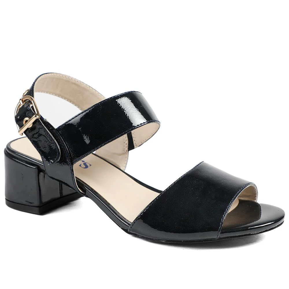 Wide Fit Smart Block Heel Buckle Fasten Sandals - WBINS43030 / 328 973 - Navy Patent
