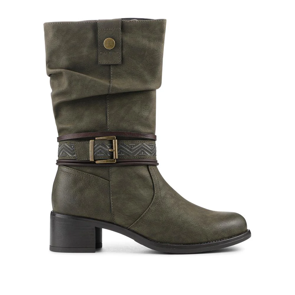 Stacked Heel Slouch Design Biker Boots - TELOO42004 / 328 333 - Khaki - Image 2