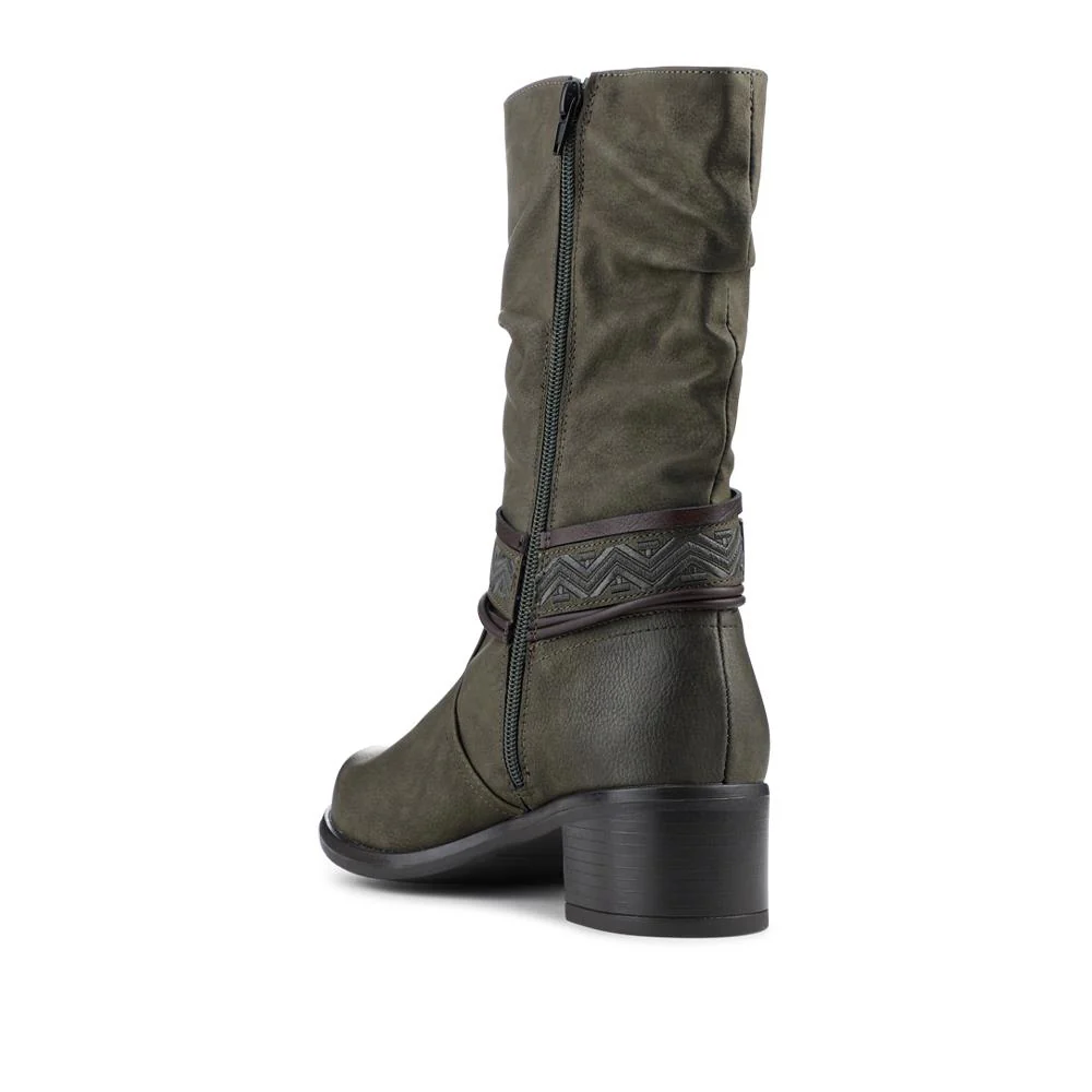 Stacked Heel Slouch Design Biker Boots - TELOO42004 / 328 333 - Khaki - Image 3