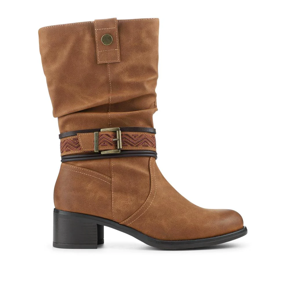 Stacked Heel Slouch Design Biker Boots - TELOO42004 / 328 333 - Tan - Image 2