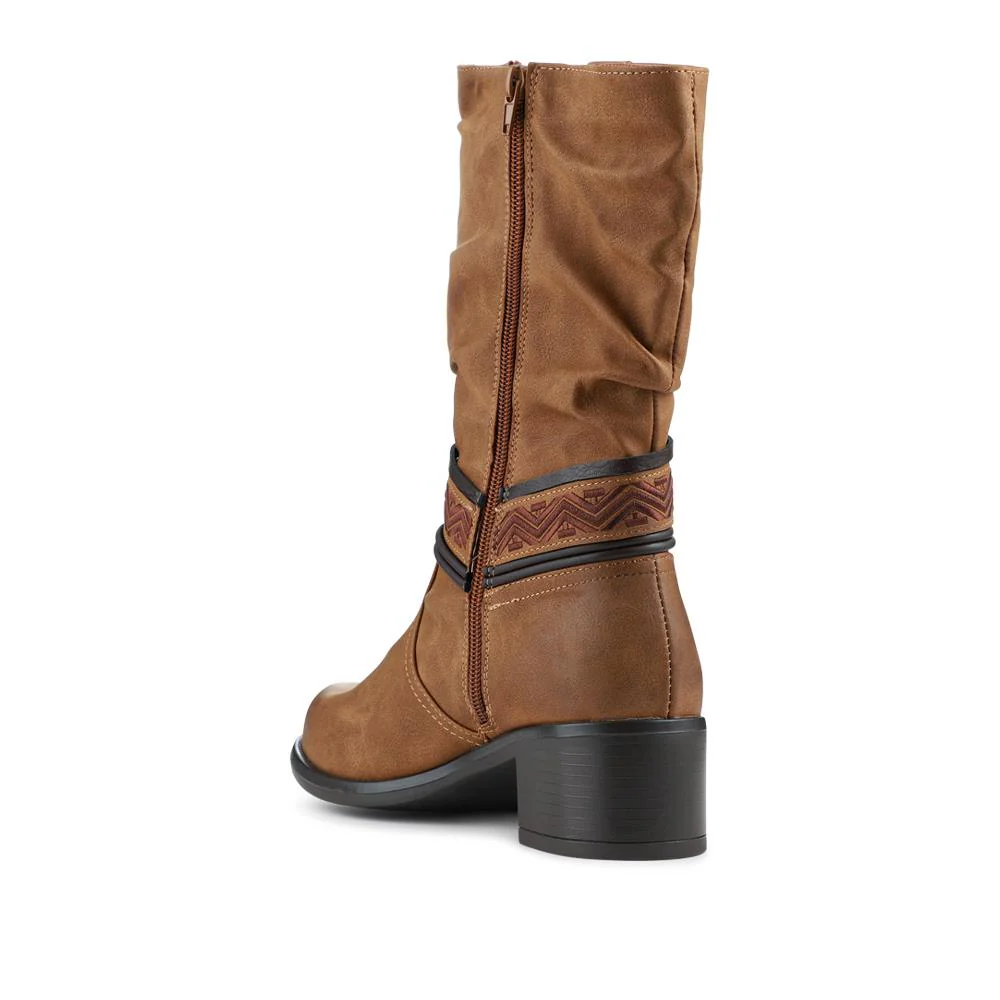 Stacked Heel Slouch Design Biker Boots - TELOO42004 / 328 333 - Tan - Image 3