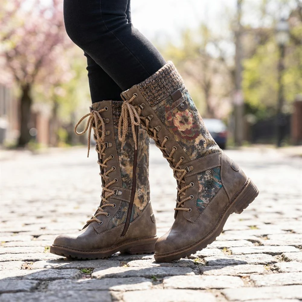Tall Lace Up Boots With Knitted Ankle Cuff - BRK42014 / 328 328 - Grey Floral - Image 2