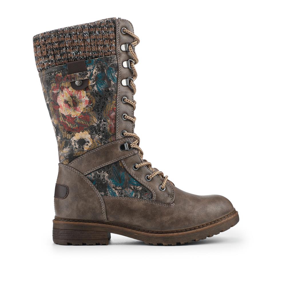 Tall Lace Up Boots With Knitted Ankle Cuff - BRK42014 / 328 328 - Grey Floral - Image 3