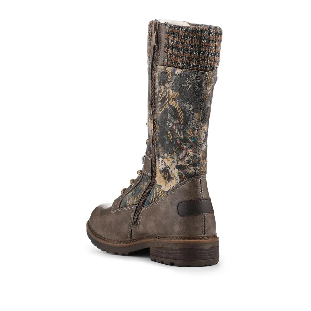 Tall Lace Up Boots With Knitted Ankle Cuff - BRK42014 / 328 328 - Grey Floral - Image 4