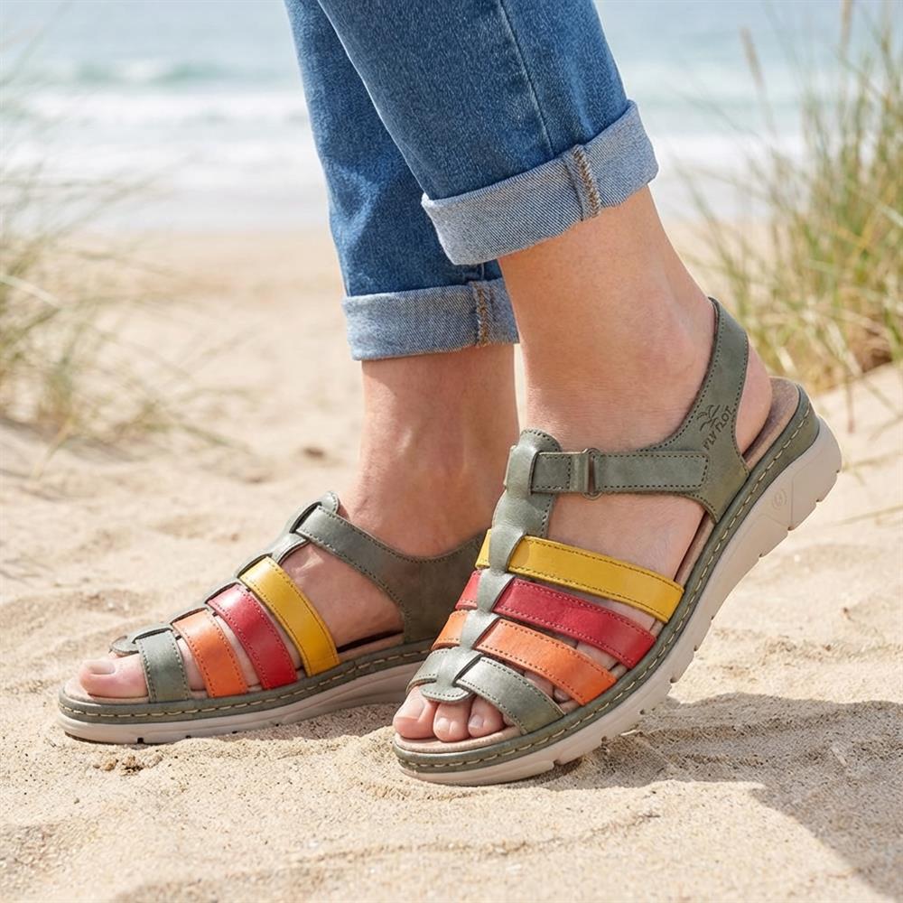 FlyFlot Touch Fasten Leather Sandals - CAL39020 / 325 263 - Green-Multi - Image 2