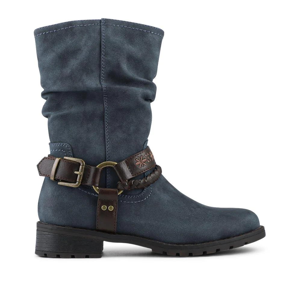 Warm Lined Strapped Upper Calf Length Boots - WBINS42098 / 328 462 - Denim - Image 2