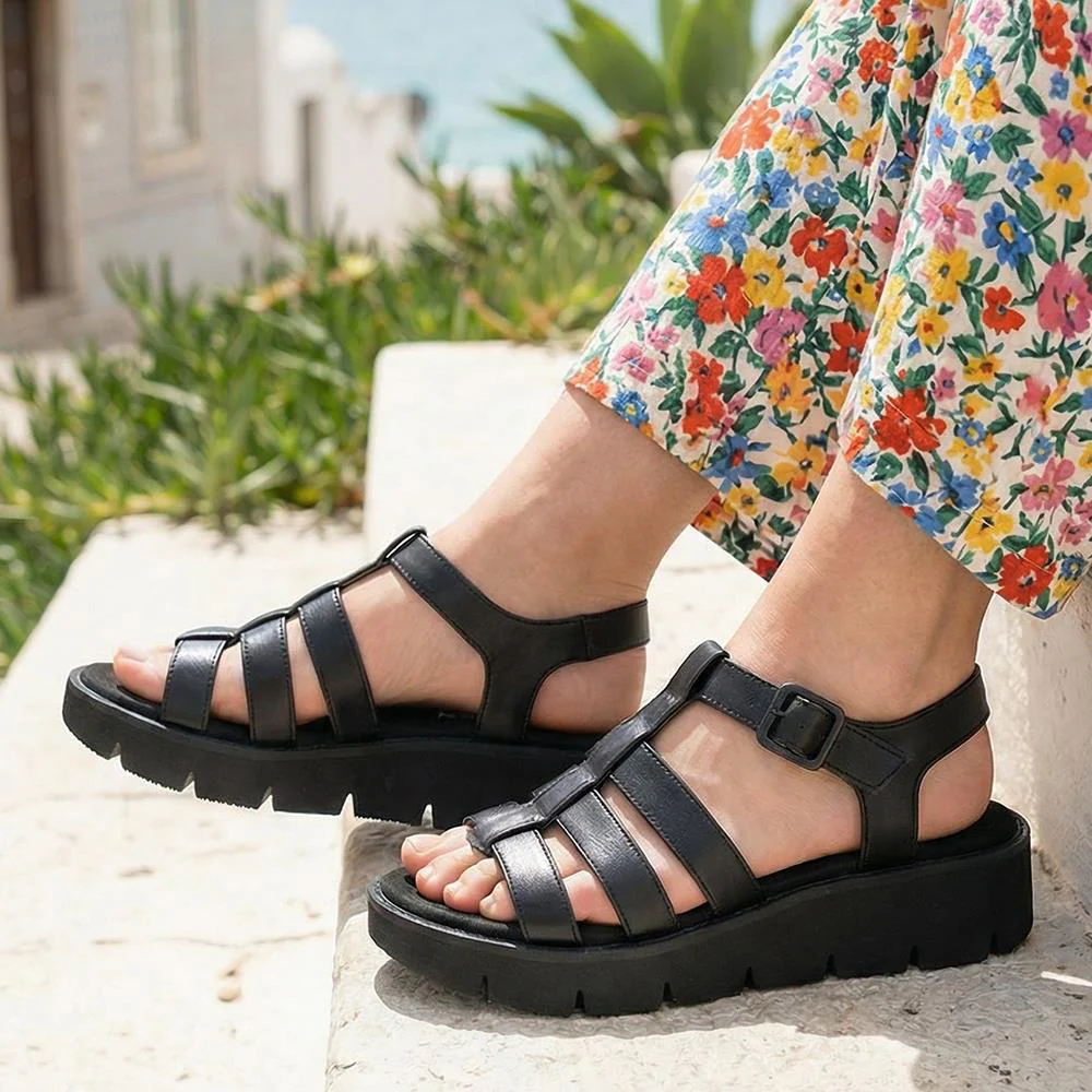 Wide Fit Wedged Fisherman Sandals - BAIZH43007 / 328 879 - Black - Image 2