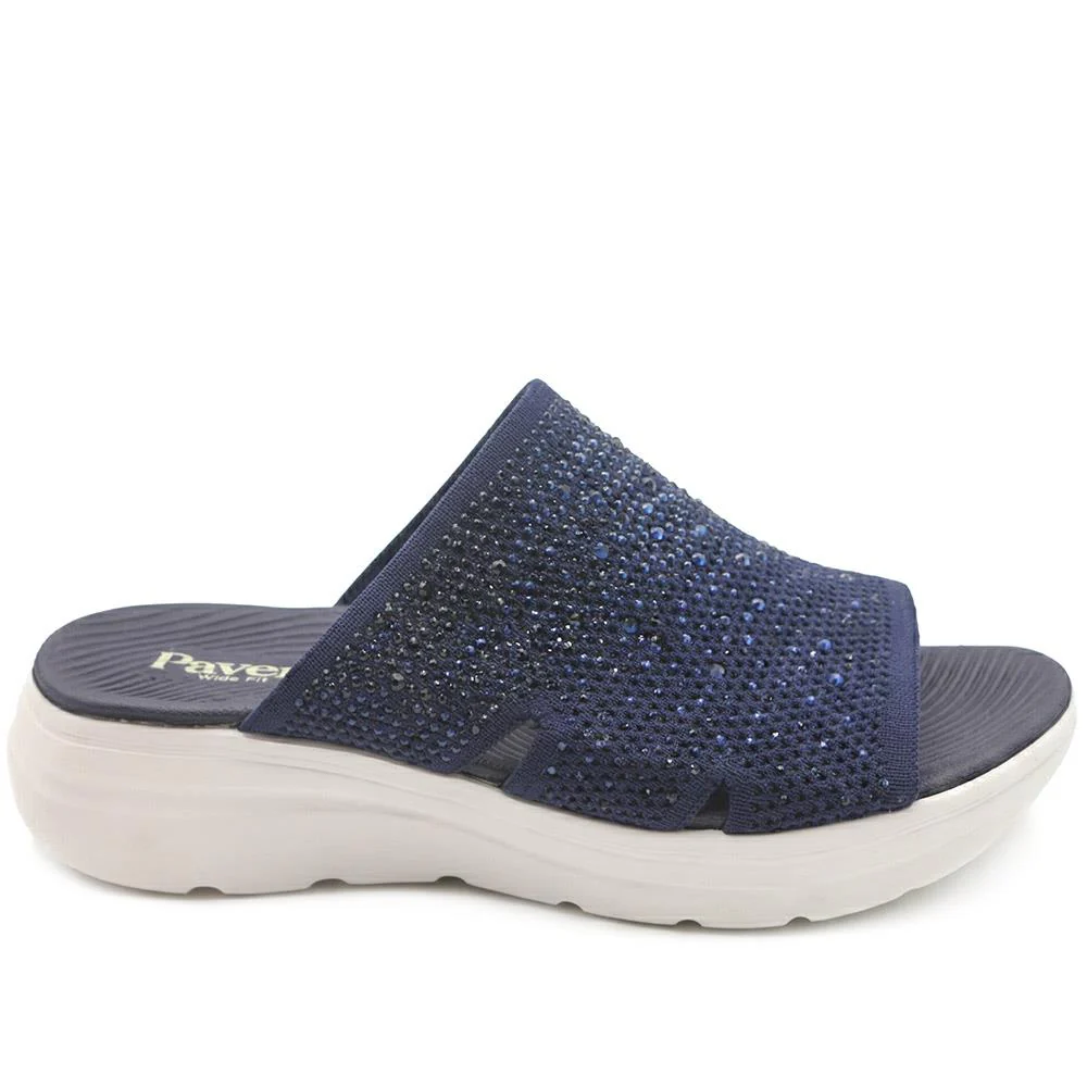 Wide Fit Diamante Cushioning Mule Sandals - BRK43024 / 329 365 - Navy - Image 2