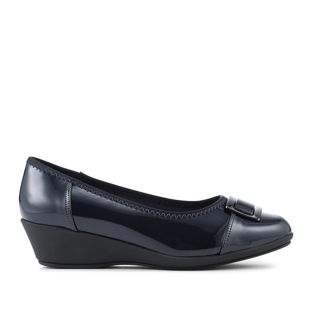 Wide Fit Flexible Wedge Heel Slip On Shoes - MAIN42005 / 328 561 - Navy Patent - Image 2