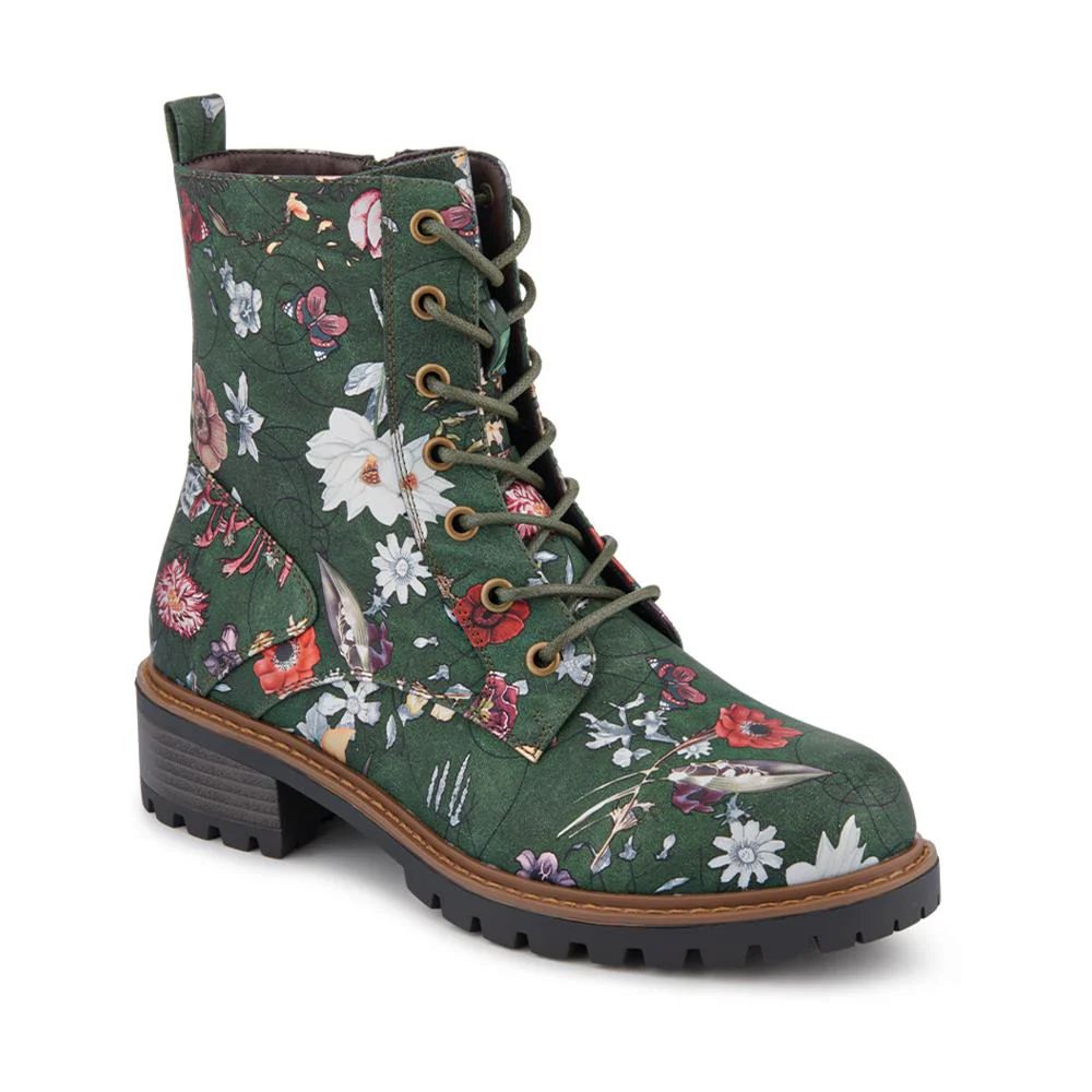 Wide Fit Lace Up Ankle Boots - PINYI42009 / 328 218 - Green Floral