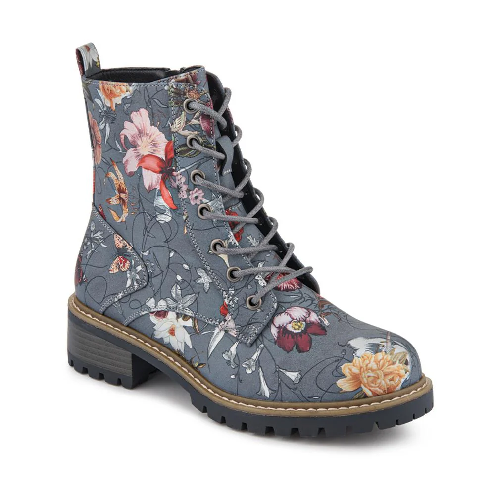 Wide Fit Lace Up Ankle Boots - PINYI42009 / 328 218 - Grey Floral