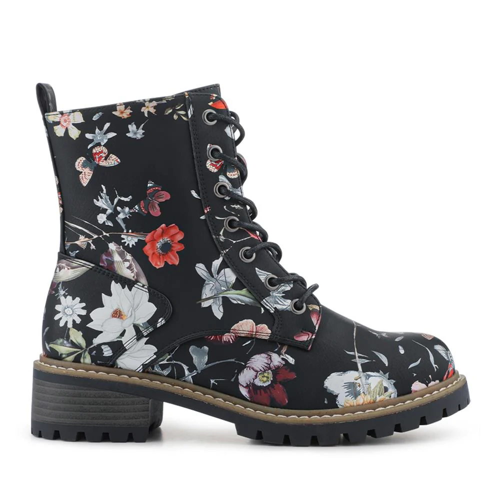 Wide Fit Lace Up Ankle Boots - PINYI42009 / 328 218 - Black Floral - Image 2