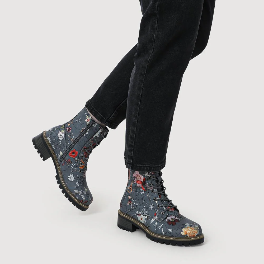 Wide Fit Lace Up Ankle Boots - PINYI42009 / 328 218 - Grey Floral - Image 4