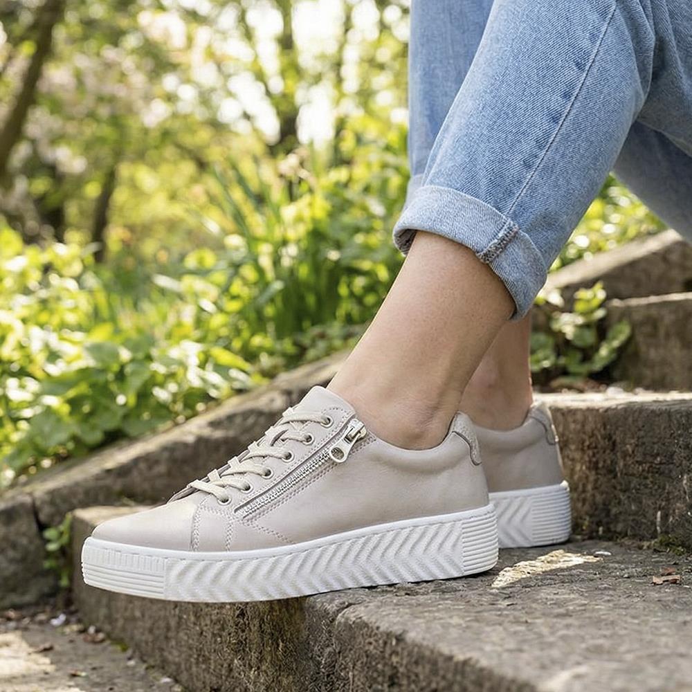 Wide Fit Leather Breathable Platform Trainers - BRK43000 / 328 558 - Stone - Image 2