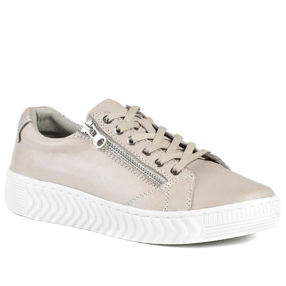 Wide Fit Leather Breathable Platform Trainers - BRK43000 / 328 558 - Stone