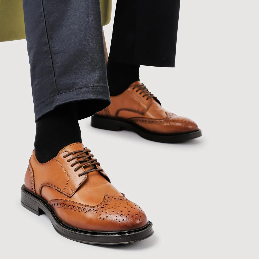 Wide Fit Leather Brogue Derby Shoes - JFOOT42024 / 328 183 - Tan - Image 5