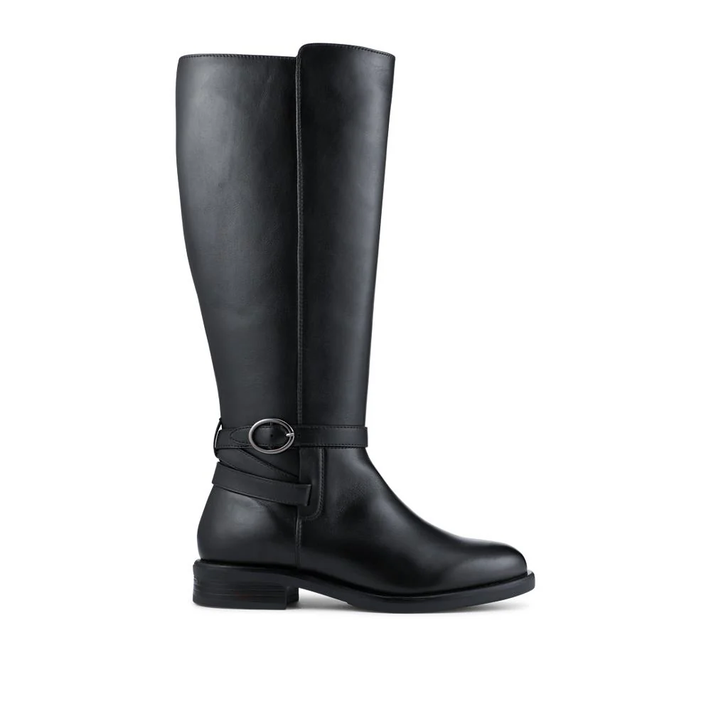 Wide Fit Leather Long Boots With Buckle Detail - PRFEM42014 / 328 626 - Black - Image 2