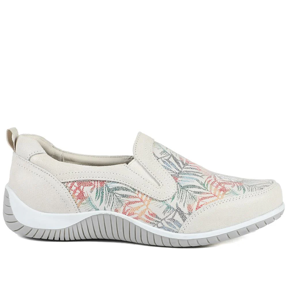 Wide Fit Leather Slip On Comfort Trainers - BRK43025 / 328 915 - BEIGE FLORAL - Image 3