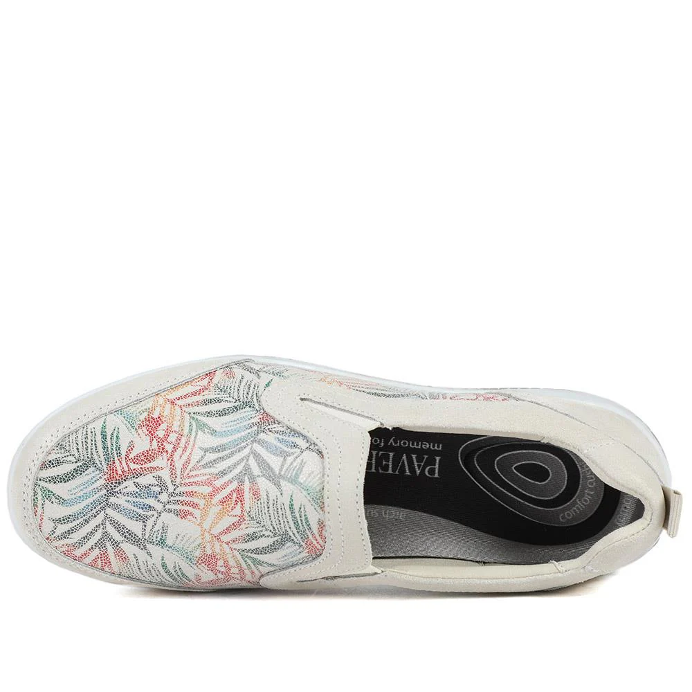 Wide Fit Leather Slip On Comfort Trainers - BRK43025 / 328 915 - BEIGE FLORAL - Image 5