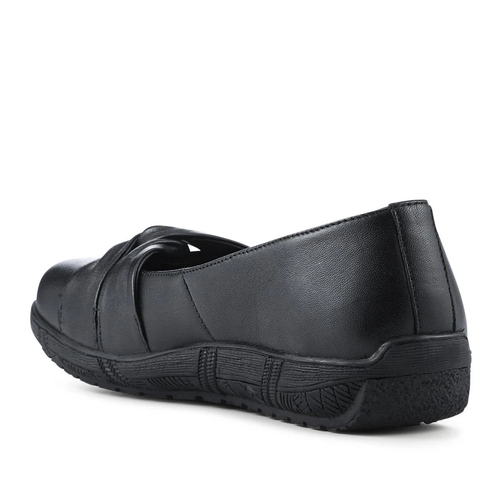 Wide Fit Leather Slip On Shoes With Ribbon Detail - KF42014 / 328 231 - Black - Image 2