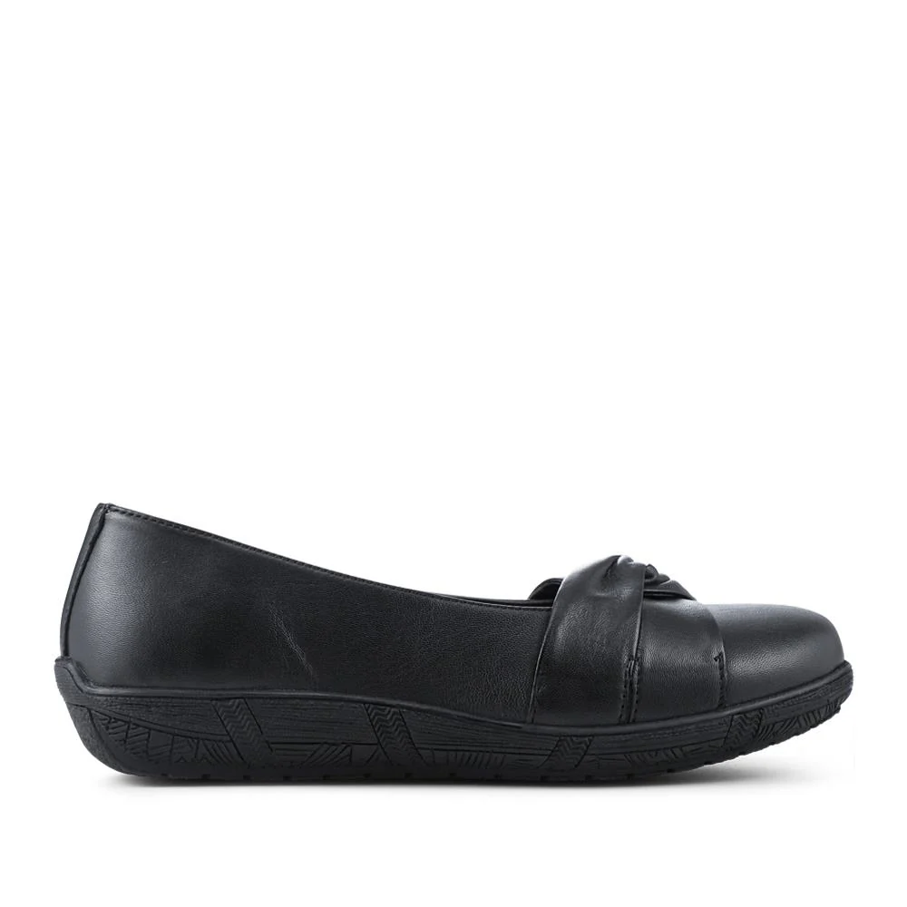 Wide Fit Leather Slip On Shoes With Ribbon Detail - KF42014 / 328 231 - Black - Image 3
