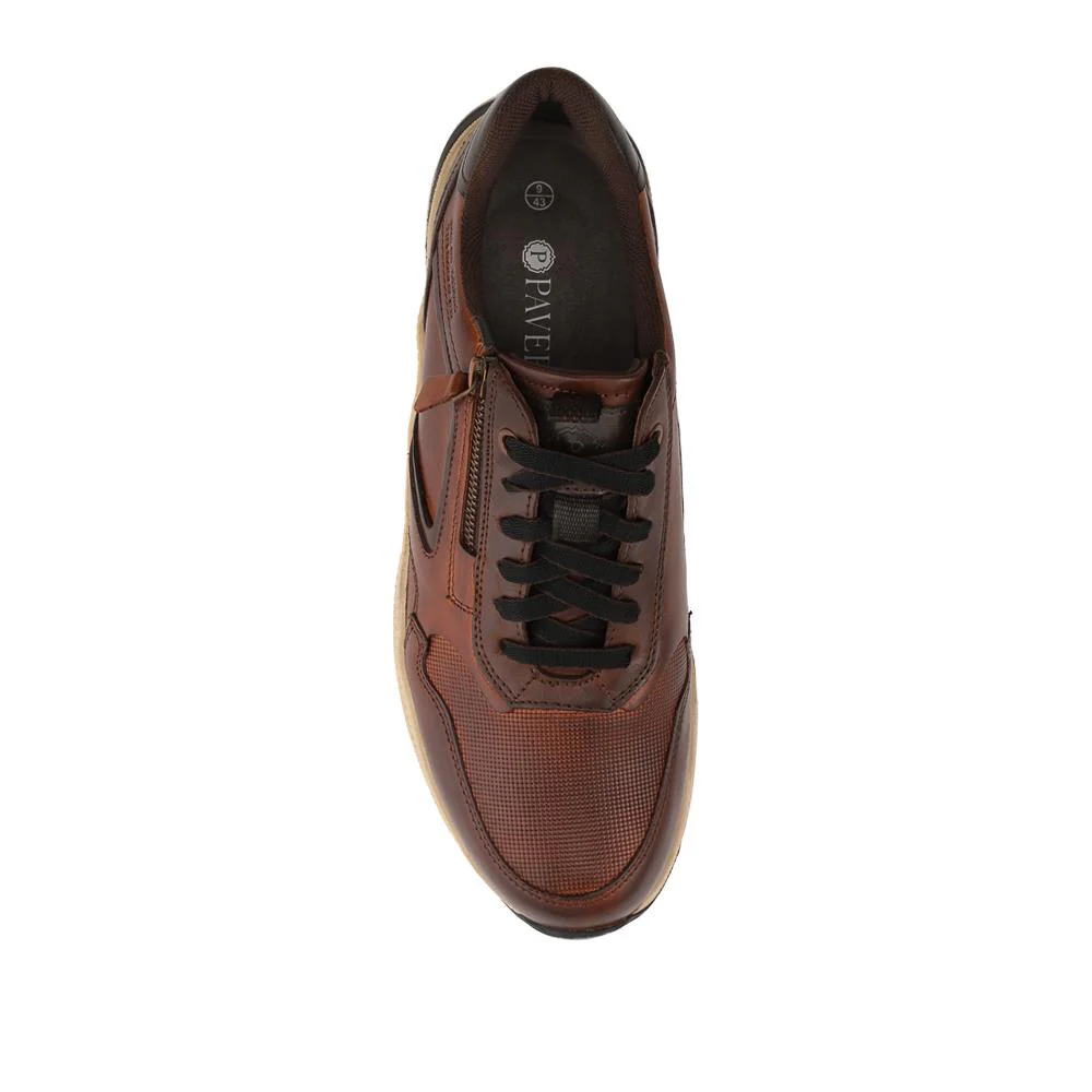 Wide Fit Leather Zip & Lace Up Sporty Trainers - PARK42054 / 328 398 - Cognac - Image 4