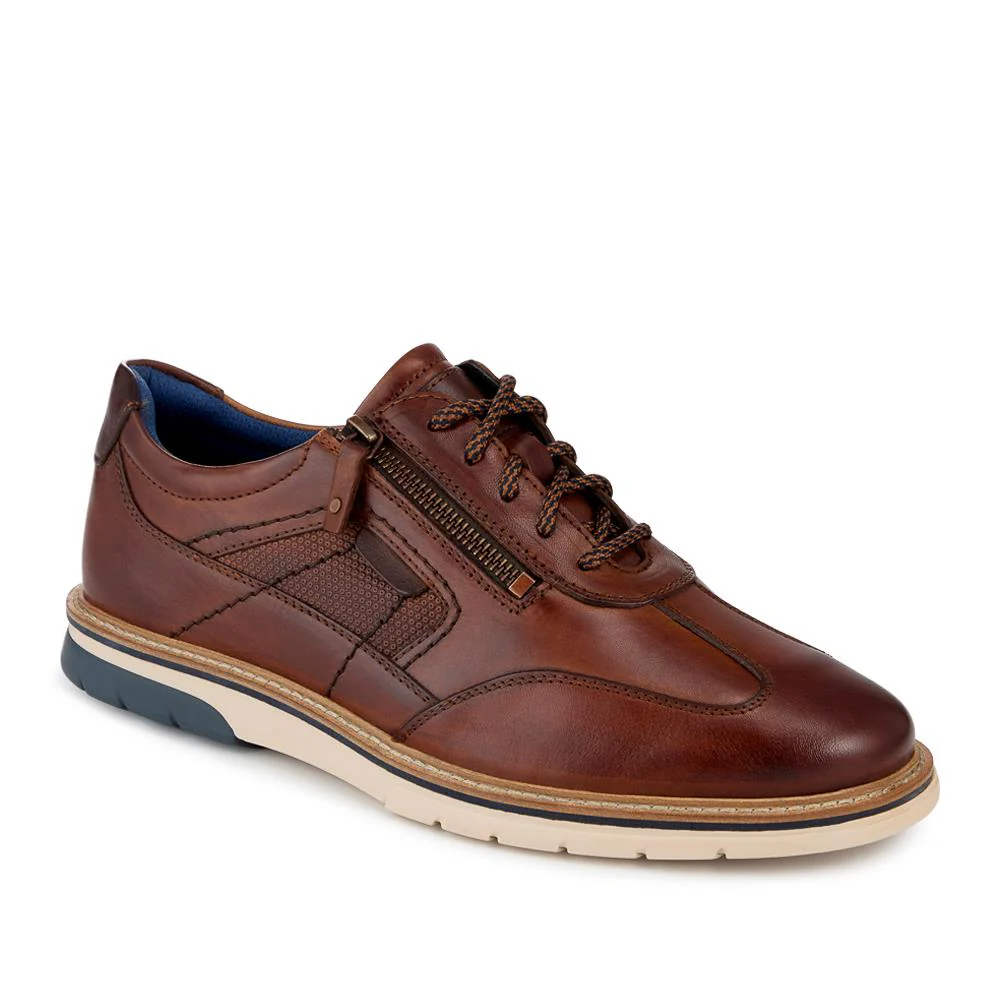 Wide Fit Leather Zip Trainers - PARK38001 / 324 385 - Cognac