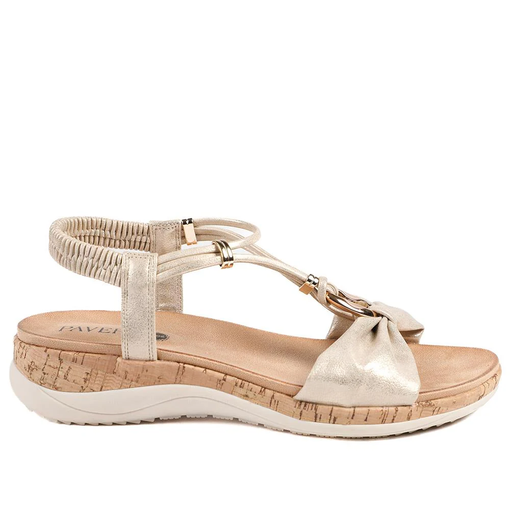 Wide Fit Wedge Heel Elasticated Sandals - BAIZH43038 / 329 161 - Soft Gold - Image 3