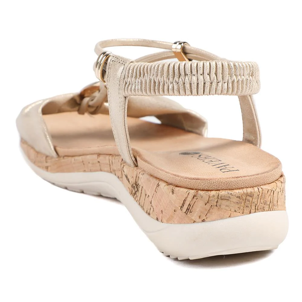 Wide Fit Wedge Heel Elasticated Sandals - BAIZH43038 / 329 161 - Soft Gold - Image 4