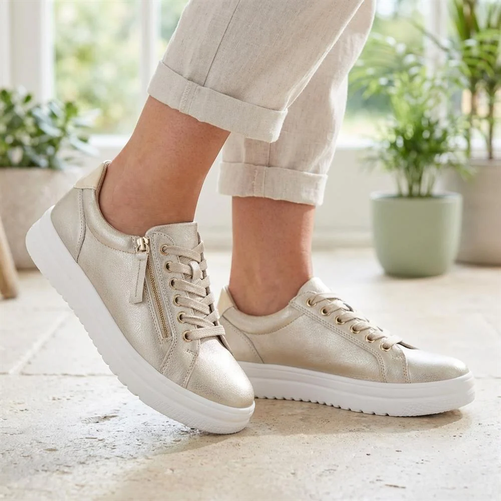 Wide Fit Zip & Lace Platform Trainers - WBINS43003 / 328 884 - Soft Gold - Image 2