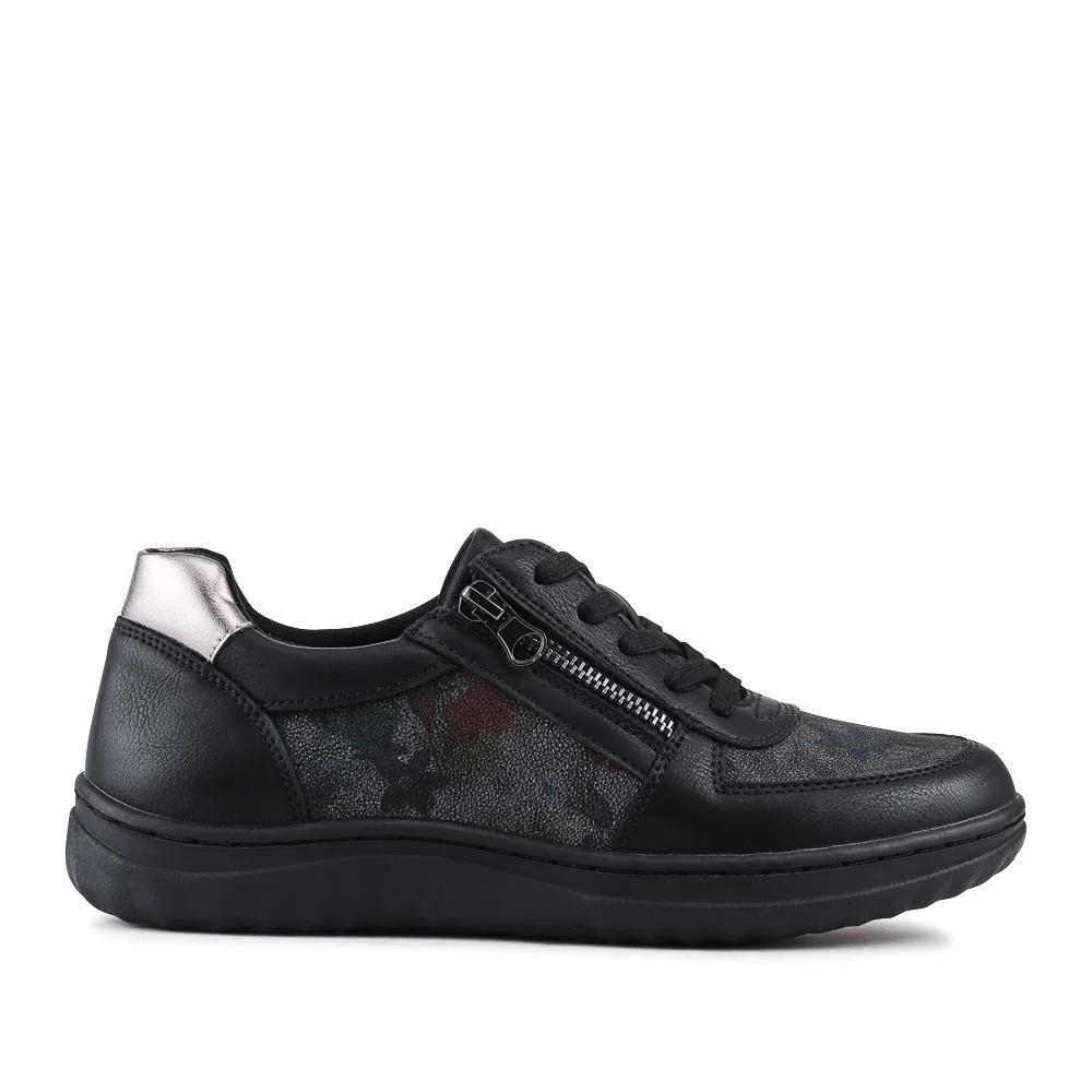 Zip & Lace Trainers With Metallic Accent - WOIL42013 / 327 897 - Black Floral - Image 2
