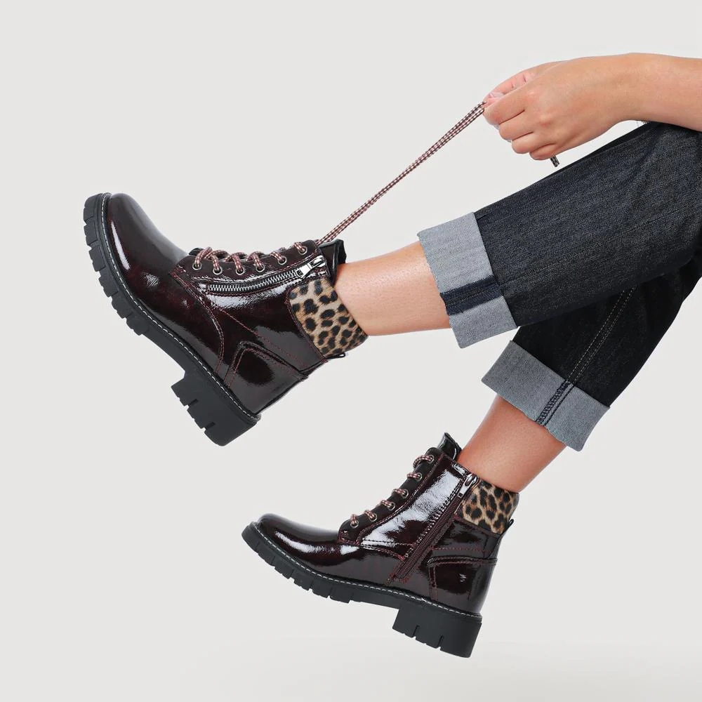 Patent Zip & Lace Up Ankle Boots - WBINS42039 / 327 920 - Burgundy - Image 5